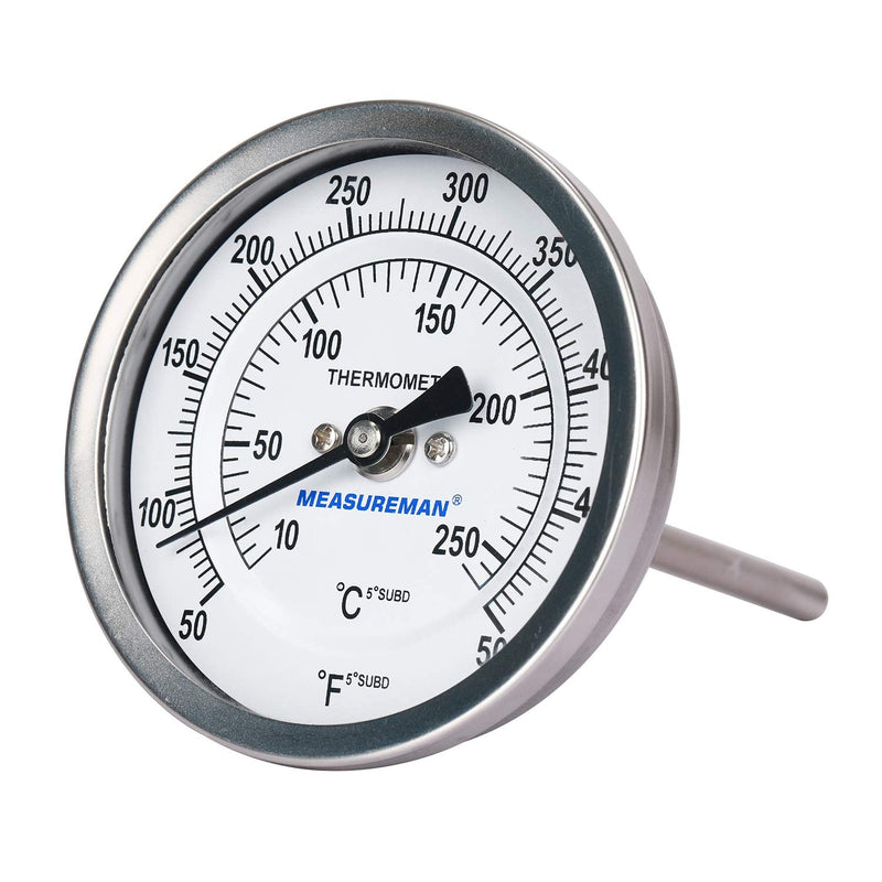 [Australia - AusPower] - Measureman Fully Stainless Steel Bimetal Dial Thermometer, 3" Dial, 4" Stem, 50-500 deg F/10-260 deg C, -1% Accuracy, Adjustable, 1/2" NPT Back Mount 
