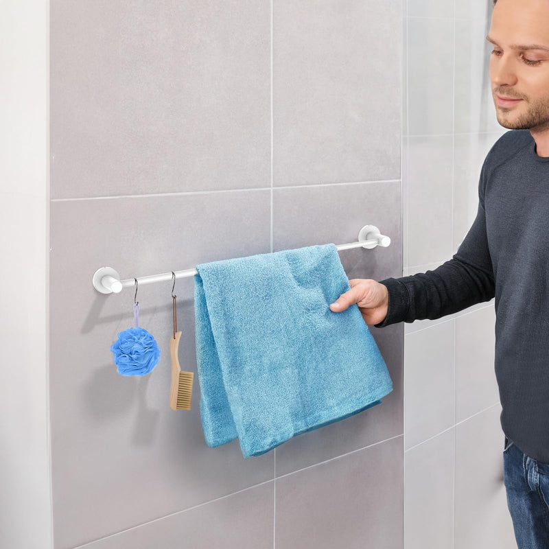 Adjustable Single Bath Towel Bar 16 to 27.6 Inch, ZUEXT Oil Rubbed White Stainless Steel Towel Holder Hanger,Expandable Wall Mount Towel Rail for Bathroom Kitchen,1" Tube Towel Rail Racks w/Hooks White Single Towel Bar 1