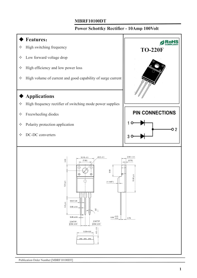 (Pack of 10) MBRF10100DT (MBRF10100CT MBRF10100 MBR10100) 10A 100V TO220F Plastic Encapsulated Power Schottky Rectifier MBRF10100DT(10A 100V)