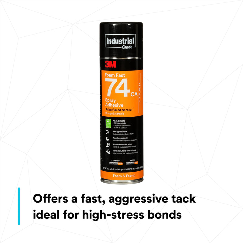 3M Foam Fast 74 CA Spray Adhesive Low VOC <25%, Clear, Net Wt 19.0 oz Foam Fast 74 CA - Low VOC <25%