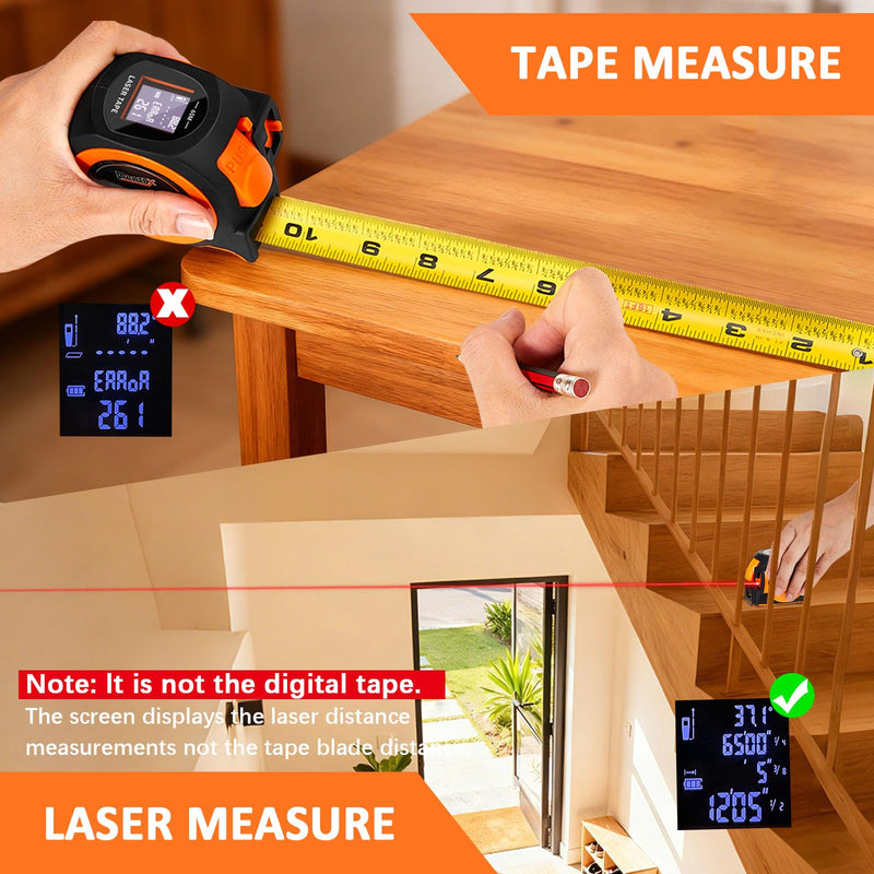 3-in-1 Laser Tape Measure, 197ft Laser Distance Meter, 16ft Digital Tape Measure, Digital Level, Pythagorean/Area/Volume, Rechargeable, Ft/Ft+in/in/M Units, 40 Data Sets