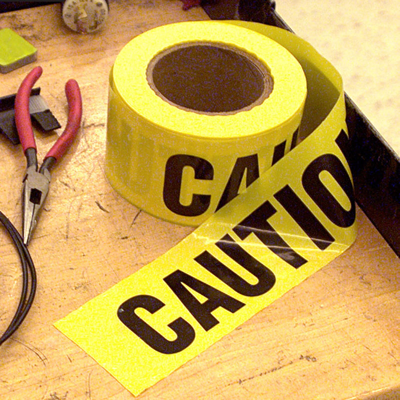 3M Scotch Barricade Tape 301, with "CAUTION" text, 3 in x 300 ft, Yellow, Pack of 1 Roll 300 Foot Length