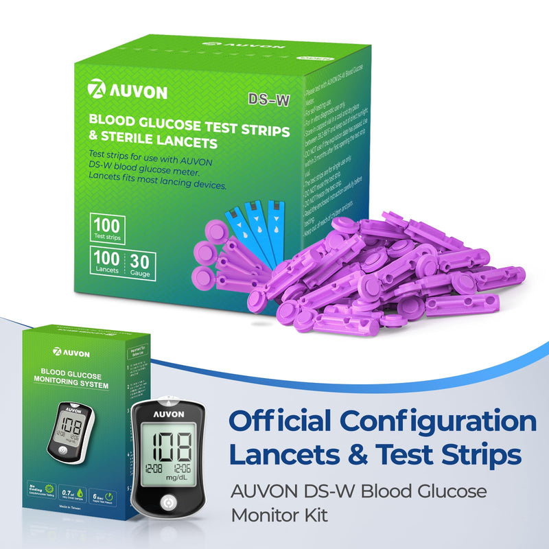 AUVON Blood Glucose Test Strips & Diabetic Lancets Kit, 100 Test Strips for Diabetes, 30 Gauge 100 Lancets for Blood Testing with Less Pain, Fit AUVON DS-W Glucose Meter