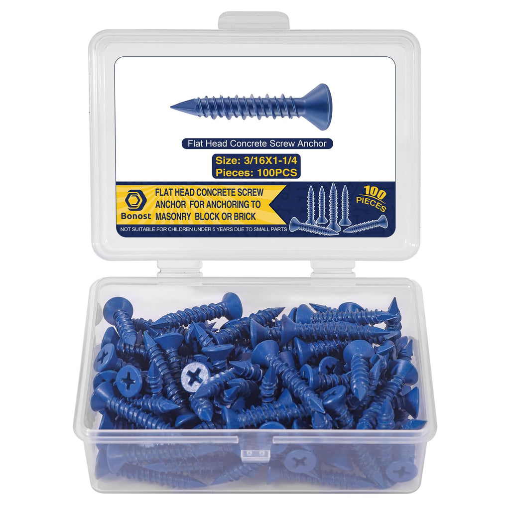 3/16 x 1-1/4" Concrete Screw Anchor 100Pcs - Flat Phillips Head Brick Screws for Masonry, Block