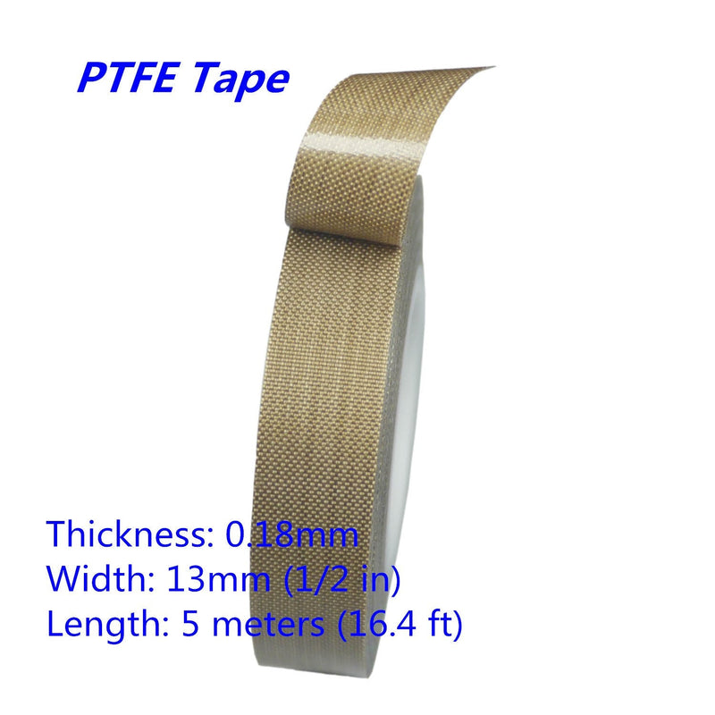 PTFE Coated Fabric Tape Teflon Adhesive Tape High Temperature Vacuum, Hand and Impulse Sealers Machine Sealing Tape 0.18mm Thick (13mm-5M) 13mm-5M