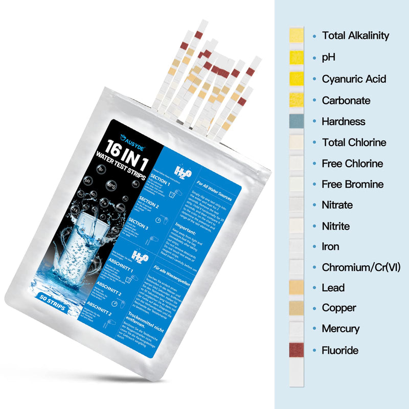 [Australia - AusPower] - 16-in-1 Water Tester Drinking Water, Pack of 50 Water Hardness Measure Water Test Strips for Drinking Water, Water Hardness Test Strips for Total Hardness, Free Chlorine, Iron, Copper, Lead, Nitrate 
