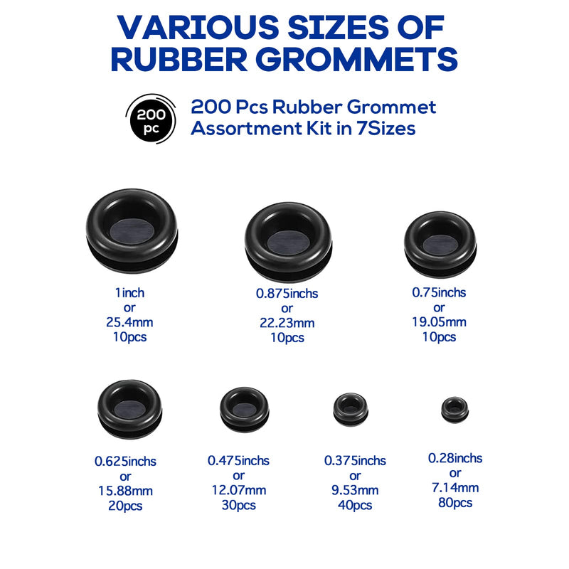 [Australia - AusPower] - 200Pcs 7 Sizes Rubber Grommet Assortment Kit, Firewall Hole Plug Set Electrical Wire Gasket Solid Hole Plugs Assortment Set for for Wire Plug, Cable, Plumbing and Automotive General Repair 200PCS 