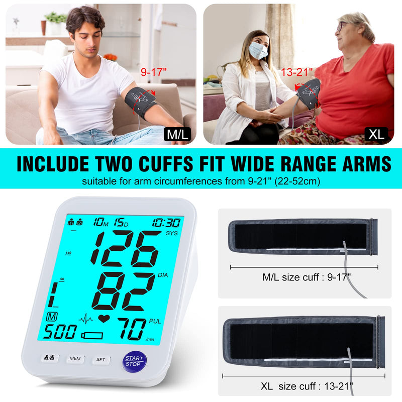 [Australia - AusPower] - Blood Pressure Monitor-Automatic Blood Pressure Machine XL Cuff for Big Arms 13-21”-Medium/Large Cuff 9"-17" Extra Large Backlit LCD Two User 1000 Mem (Blue 