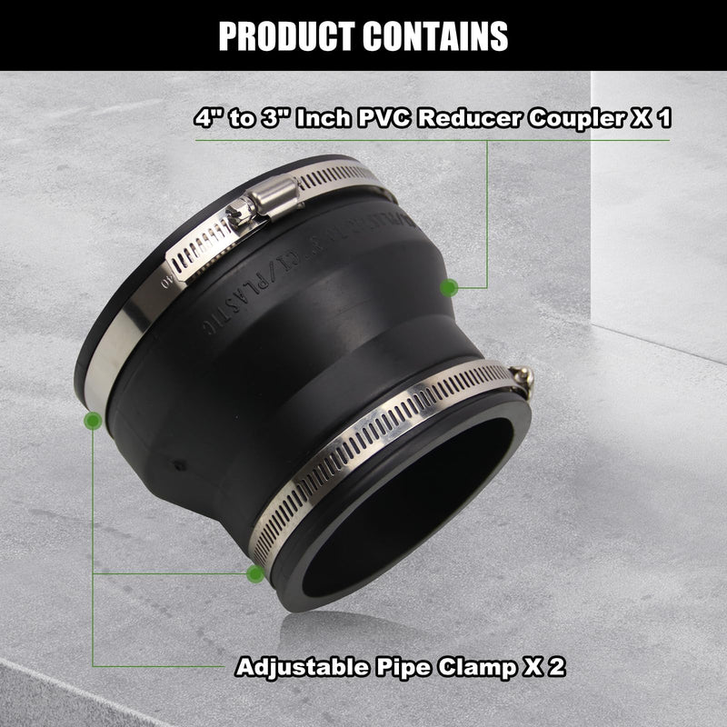 4" to 3" Black PVC Reducer Coupler & Gate Valve Bushing with 2pcs Clamps RV Plumbing Compatible with PVC Pipe Coupler Adapter RV Sewer Connection