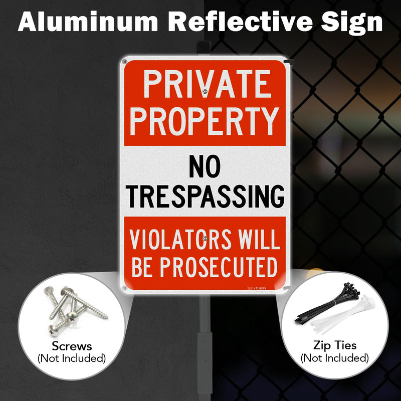 T&R Large Private Property No Trespassing Sign with 54" Stake for Outside - 2 Pack - 14"x10" .040 Rust Free Aluminum, Reflective, Waterproof, Weatherproof and Fade Resistant, 6 pre-drilled holes,Includes Matching Screws & Wrench, Easy to Mount
