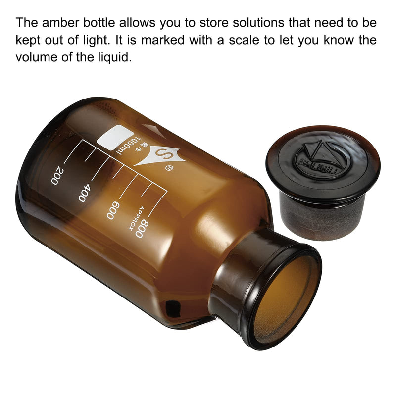 PATIKIL 1000mL Reagent Media Bottle, 1Pcs Round 3.3 Borosilicate Glass Graduated Storage Bottle with Amber Cap for Chemistry Lab Universities Home, Amber 33.8 Ounces