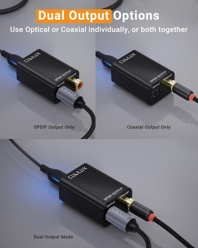 Cubilux USB to Toslink & Coaxial SPDIF Adapter, Supports Stereo & 5.1 Surround Sound, 192kHz/24bit Digital Audio Output, USB Optical/Coax Transmitter for Laptop, PC, AV Receiver, Home Theater