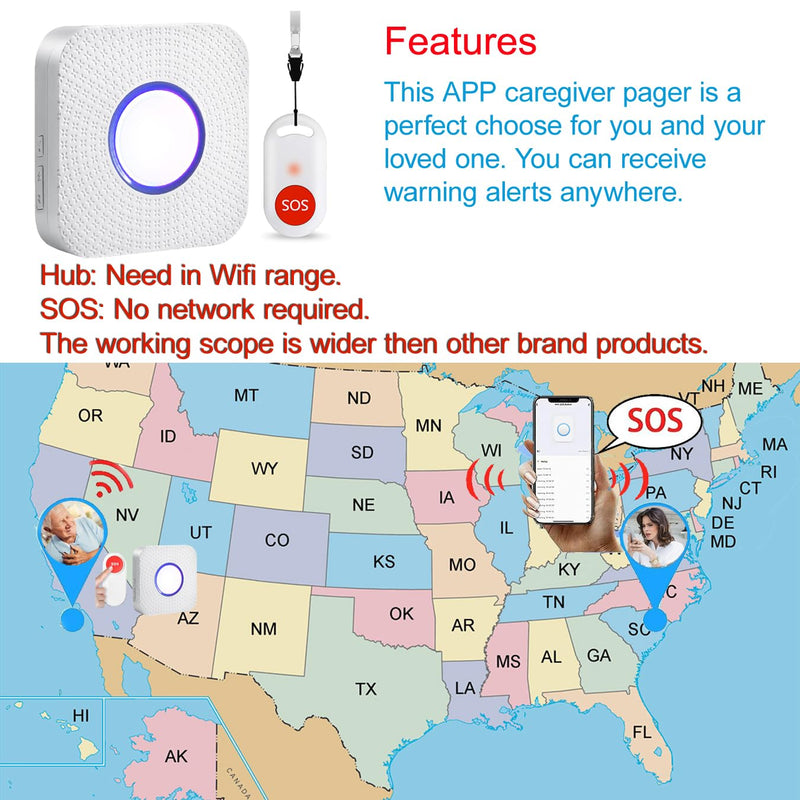 WiFi Smart Wireless Caregiver Pager Call Button System for Seniors, Disabled, Elderly, Emergency Life Alert, 2.4GHz Wi-Fi, App Support(Three Button One Gateway)
