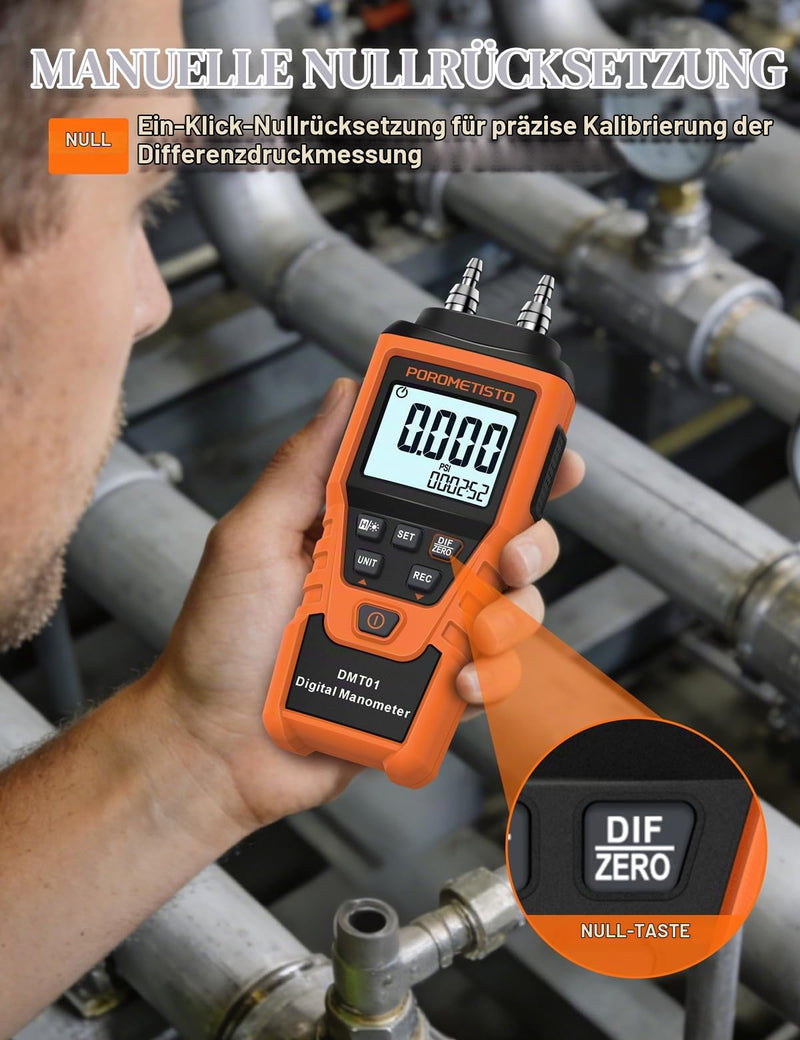 DMT01 Precision Digital Pressure Gauge, ±5 PSI / ±34.47 kPa, 12 Units, HVAC Differential Pressure Gauge, ±0.3% FS, Dual Port Gas Pressure Tester, Backlight, Data Holding, Manual Zero