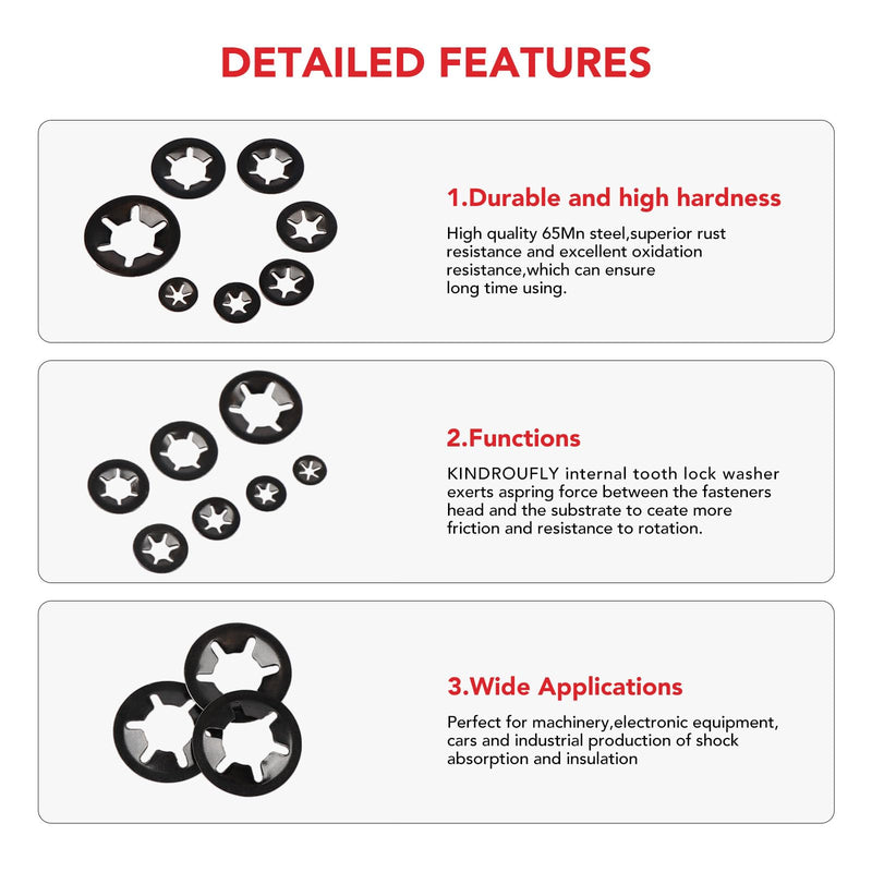 [Australia - AusPower] - 350PCS Internal Tooth Star Lock Washers, Push Nuts Assortment, Press On Retaining Locking Washer Assortment Kit (Black) Black 