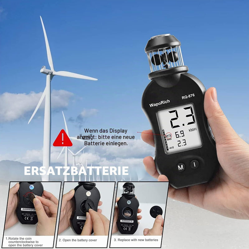 Mini Wind Gauge, 360° Cup Anemometer Handheld Wind Gauge Measures Wind Speed 0.7-42m/s with Compass for Sailing, Hunting, Drone Flight RQ-876
