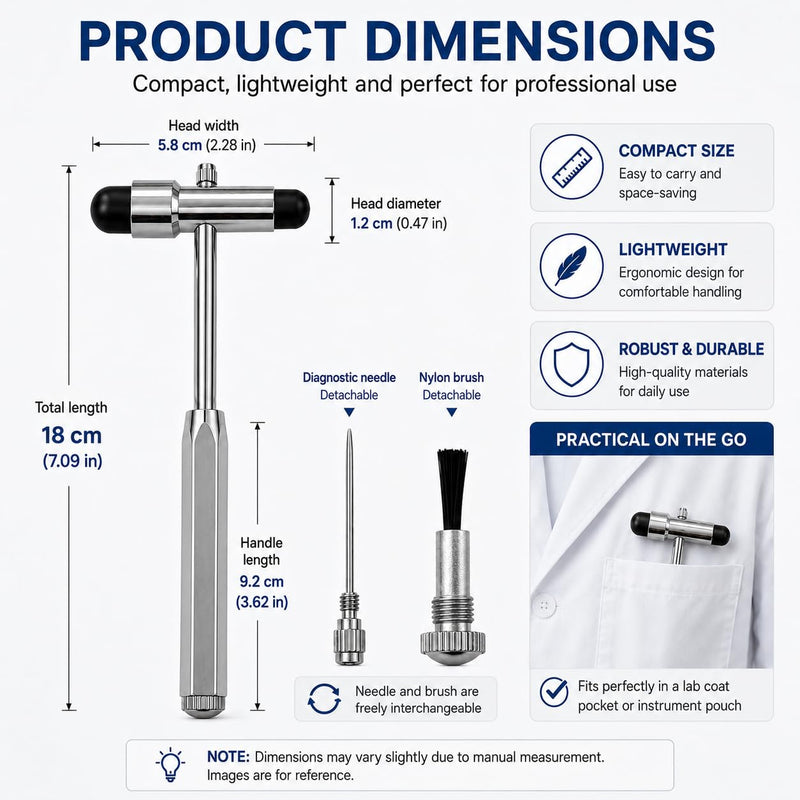 Neurological Reflex Hammer with Integrated Brush & Needle, Double Head ABS Ergonomic for Muscle Reflexes & Percussion - Comprehensive Neurological Examination