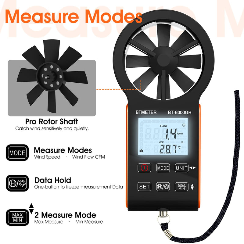 BTMETER Anemometer CFM Wind Meter, Air Flow Gauge Measure Wind Speed 0.3~30m/s, Monitor Airflow Volume 0-999900 ft3/min for HVAC Duct Air Vent, Touch-Screen Windometer 6000GH