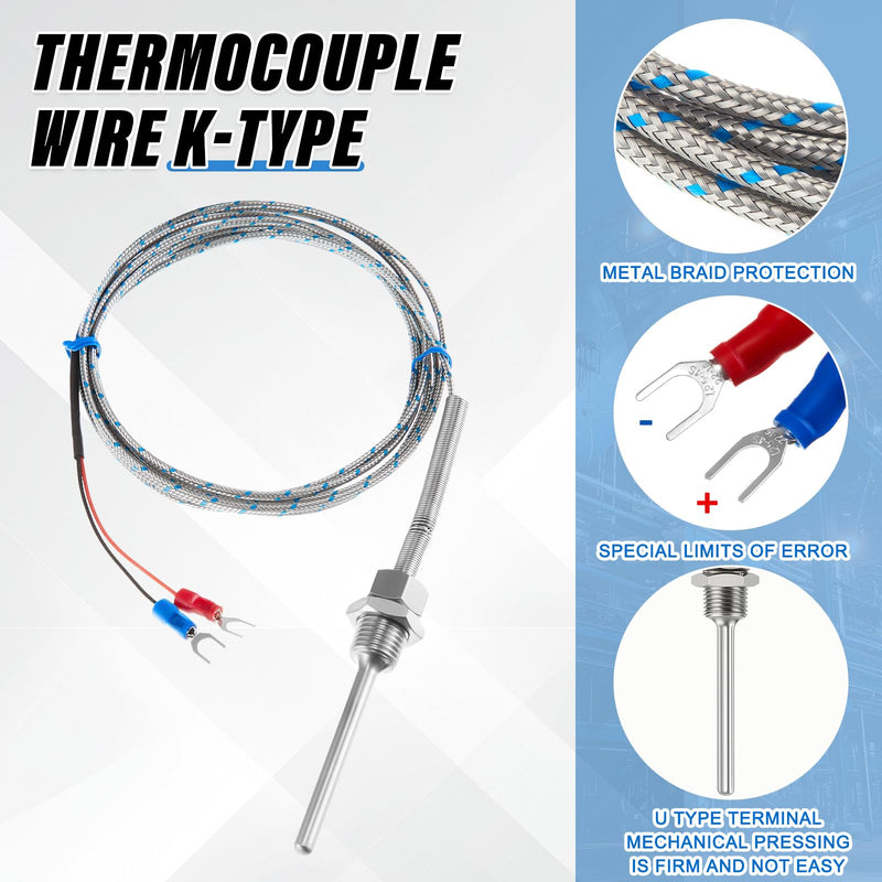 [Australia - AusPower] - 2 Pcs K-Type Thermocouple Sensor, 0-600℃ High Temp Probe 5 x 50 mm, NPT 1/4" Stainless Steel Probe with 2M/6.6Ft Insulated Lead Wire for Temperature Controller 