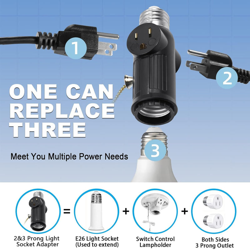 [Australia - AusPower] - Light Socket to Plug Adapter, Both Sides Support 3 Prong Light Socket Adapter, Professional Materials Light Bulb Outlet Socket Adapter with Switch Control, E26 E27 Light Bulb Socket Adapter - Black 1 