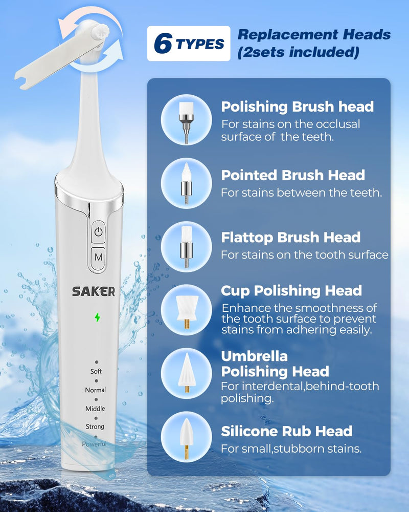 [Australia - AusPower] - Saker Tooth Polisher, 2 Set Replacement Polishing Brush Heads(12pcs) Included, Rechargeable Tooth Polishing Kit, Dental Teeth Polisher with LED Light, 5 Speed Modes, Waterproof - White 