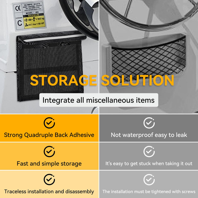 Boat Storage Bag, Boat Storage Caddy Organizer, Reflective Leak-Proof Mesh Bag with Lid, Adhesive Mount, 13.4"x9.8", for Gloves, Flashlight