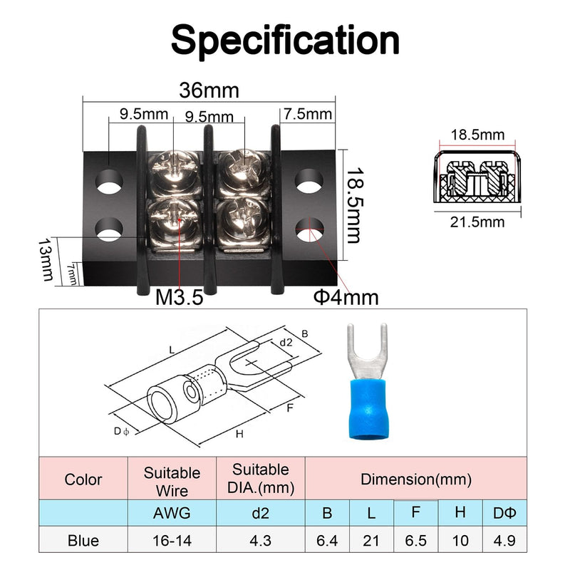 MILAPEAK Terminal Block - 2 Pack 2 Positions 200v-450v 20-30A Dual Row Screw Terminals Strip + 8 PCS Copper Wire Fork Connectors 20 Amps 2 Circuits