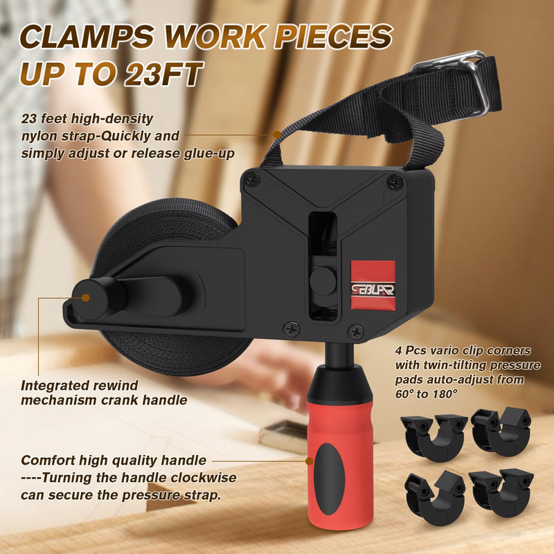 Sebupar 2 Pack Woodworking Band Clamps with 23 ft Variable Angle Strap Clamp, Corner Camp Picture Frame Clamps Fits for Square, Round/Irregular Shaped, Barrel