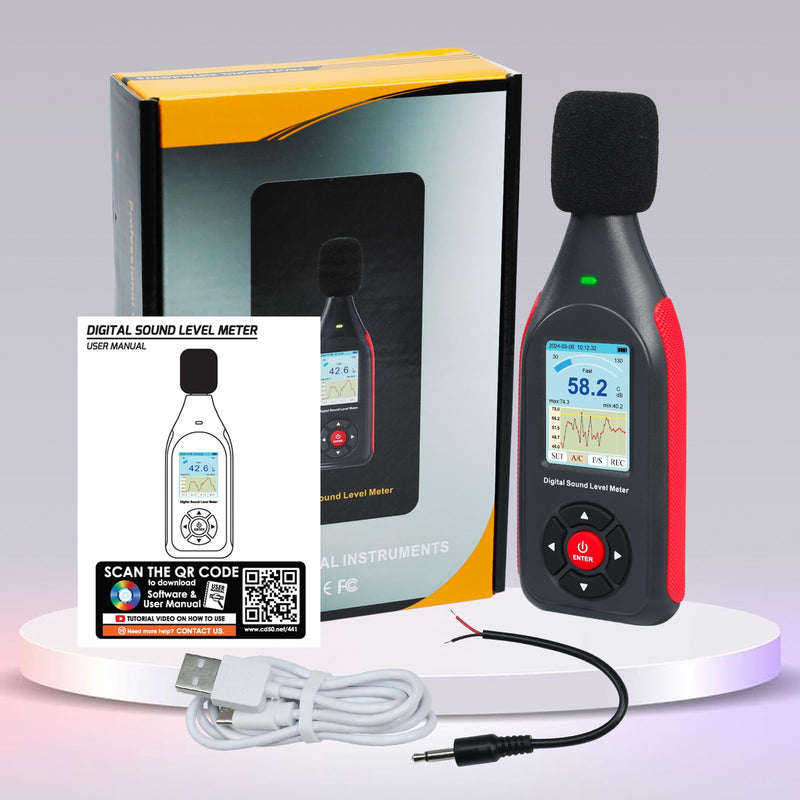 [Australia - AusPower] - Decibel Meter, Data Logger, Digital Sound Decibel Meter, Sound Level Meter with 43,000 Records and Export, Rechargeable Noise Meter with A/C Frequency and DC Output with Alarm 