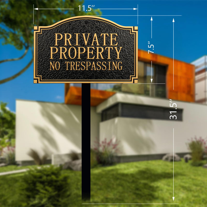 Private Property No Trespassing Sign - Solid Metal Cast, Embossed Statement Plaque,11.5"×7.5" with 31.5" Stakes, Classic Design for House, Home, Garden and Yards, Upgraded Stainless Screws