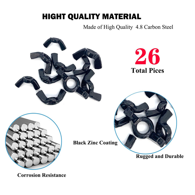 [Australia - AusPower] - 26 Pcs 4 Sizes 3/16",1/4",5/16",3/8" Wingnuts, Quality Carbon Steel Wing Nuts Black Zinc Plated Fasteners Parts Butterfly Nut, Hand Twist Tighten Hardware Nuts Butterfly Wing-Nut Assorted Kit 4 Sizes-26 Pcs-Black 