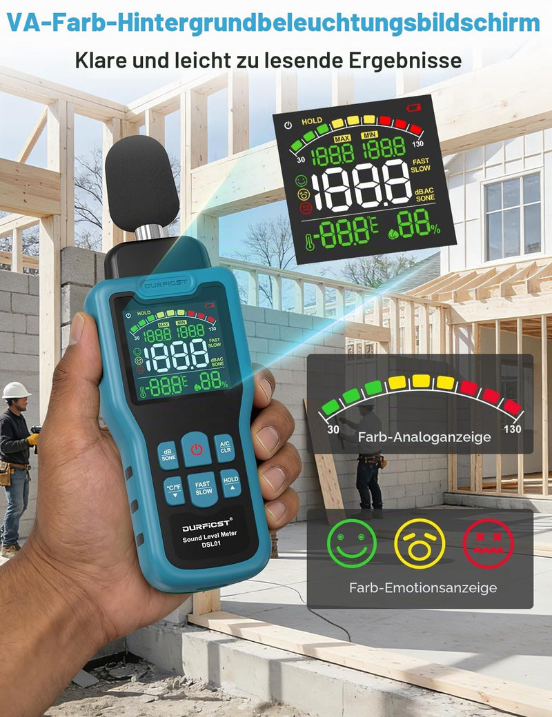 DURFICST Decibel Meter 30-130dB Meter with Temperature Humidity | Sound level meter with LCD color display, AC rating, dB/SONE unit, fast/slow response time