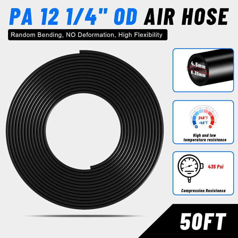 [Australia - AusPower] - Air Line Tubing Kit, 1/4" OD DOT Air Line 50 FT(15 m) SAE j844 PA Nylon Air Hose Tubing and Push to Connect Fittings for Air Brake System Or Fluid Transfer, 15 Pcs Compressed Accessories Kit 1/4"-50FT hose 