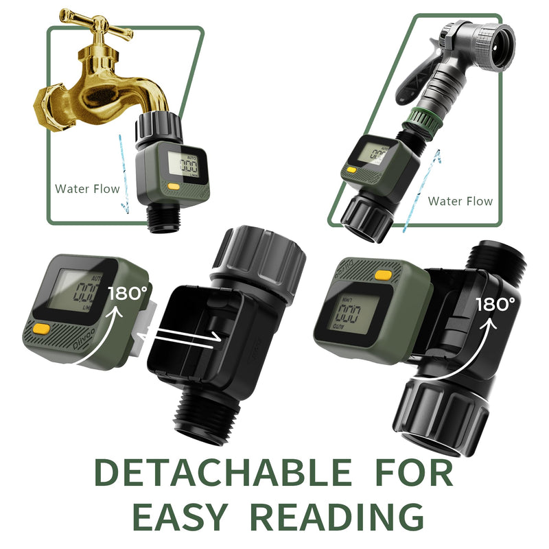 [Australia - AusPower] - Diivoo Water Flow Meter with 180° Removable Panel, 4 Measure Modes, ±5% High Accuracy and IP54, Measure Gallon/Liter Consumption and Flow Rate for Garden Hose Watering, RV Water Tank Filling 2 Pack 2 packs 