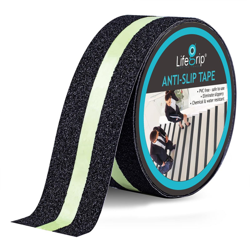 LifeGrip Anti Slip Traction Tape with Glow in Dark Green Stripe, 2 Inch x 15 Feet - Best Grip Tape, Friction, Abrasive Adhesive for Stairs, Tread Step, Indoor and Outdoor, Black (2" X 15') 2" X 15' Black with Glow in the Dark Strips
