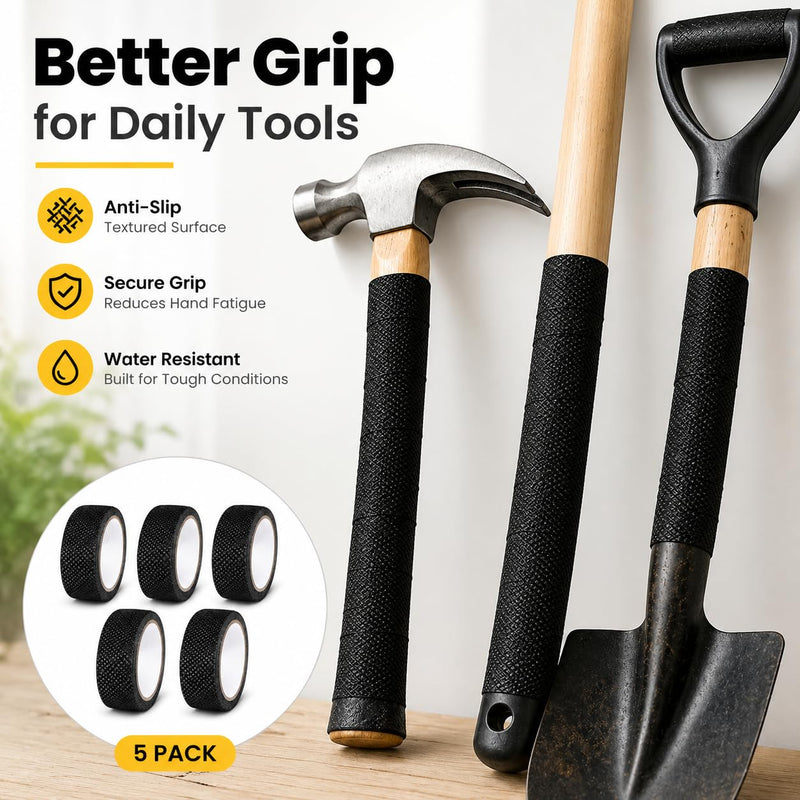 5 Pcs Grip Tape Rubber Anti Slip, 1 in x 49 Ft Non Slip Tapes Adhesive Back Waterproof for Handlebar, Black Tape for Tool Handle Grip