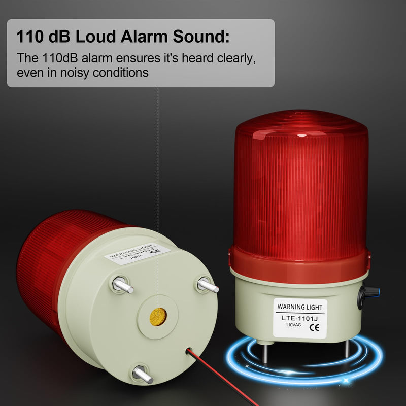 [Australia - AusPower] - Industrial LED Rotating Strobe Warning Light, 110 VAC Sound & Light Alarm with Knob and Switch, 105-110 dB Volume Adjustable, Red Emergency Alarm Light for Indoor/Outdoor Use 