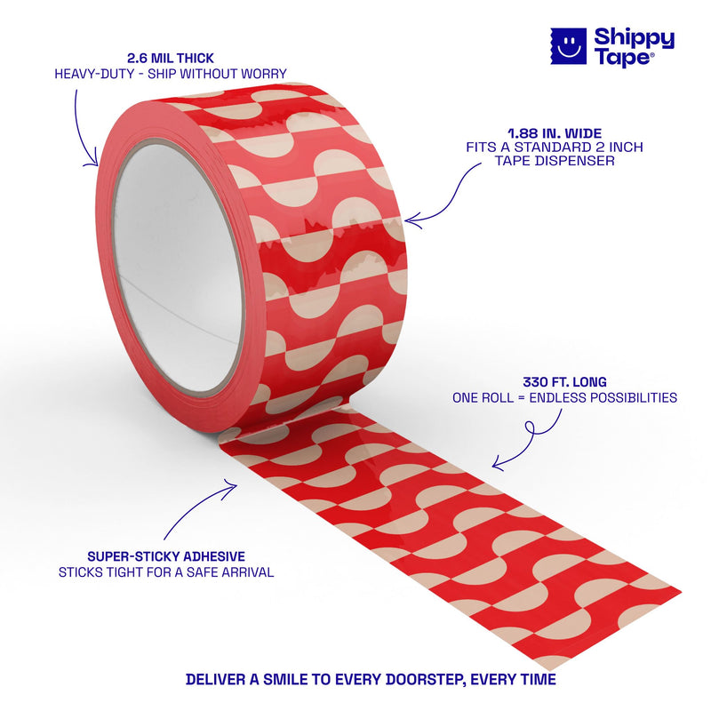 Printed Decorative Packing Tape for Small Business, Cute Designer Printed Packaging Tape, Shipping and Mailing, Red and Cream Geometric Wave Pattern, 1.88" x 110 Yards (330 feet) Geometric Wave Pattern - Cream/Red