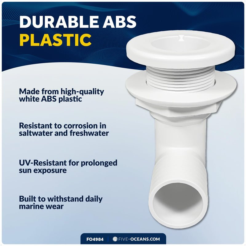 Five Oceans 1-1/2" Angled Thru-Hull Fitting - White ABS Plastic, 90-Degree Marine Boat Drain, Durable & Easy to Install for Boat, Pontoon, and Yachts - FO4984 90° (Angled) – 1-1/2" Hose