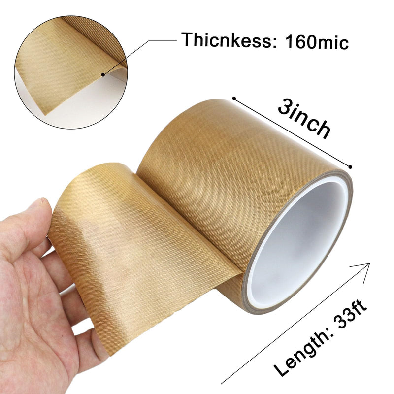 Teflon Glass Cloth Tape, High Temperature PTFE Coated Fiberglass Adhesive Tape for Vacuum Sealer Machine, Hand Impulse Sealers Insulation (3inches x 33feet x 0.18mm) 3inches x 33feet