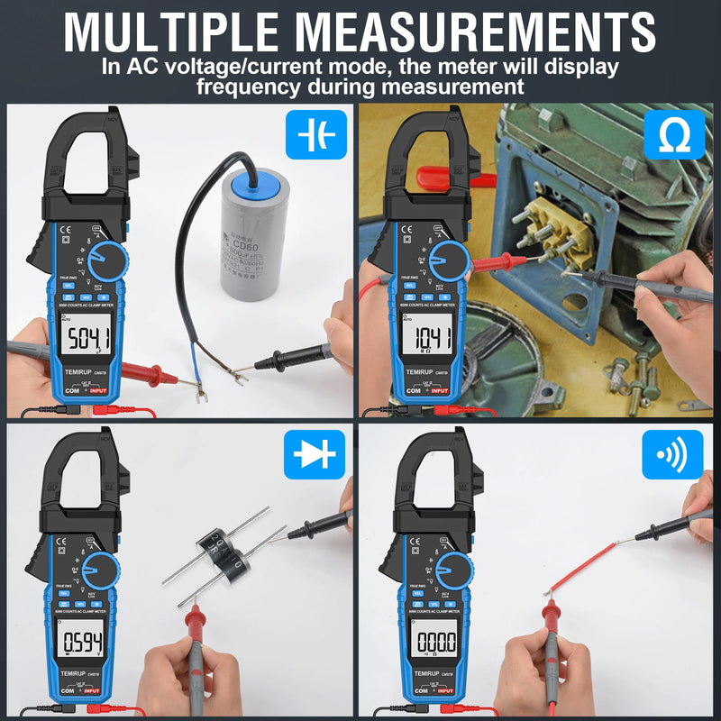 [Australia - AusPower] - Digital Clamp Meter Multimeter - TEMIRUP Auto-ranging 6000 Counts Amp Voltage Tester with D-Shaped Jaw VFD Mode, Measuring NCV, AC/DC Voltage AC Current Temperature Capacitance Resistance Continuity 600A AC Clamp Meter 