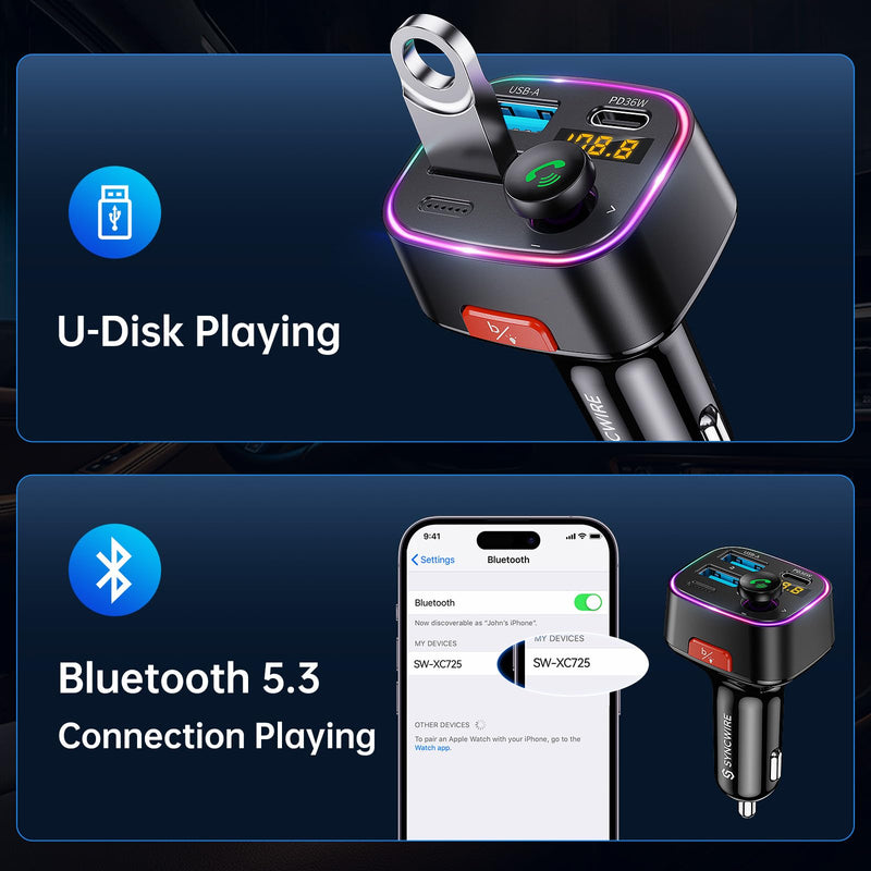 [Australia - AusPower] - Syncwire Bluetooth 5.3 FM Transmitter Car Adapter 48W (PD 36W & 12W) [Light Switch] [HiFi Bass Sound] [Fast Charging] Wireless Radio Music Adapter LED Display Hands-Free Calling Support USB Drive Black 