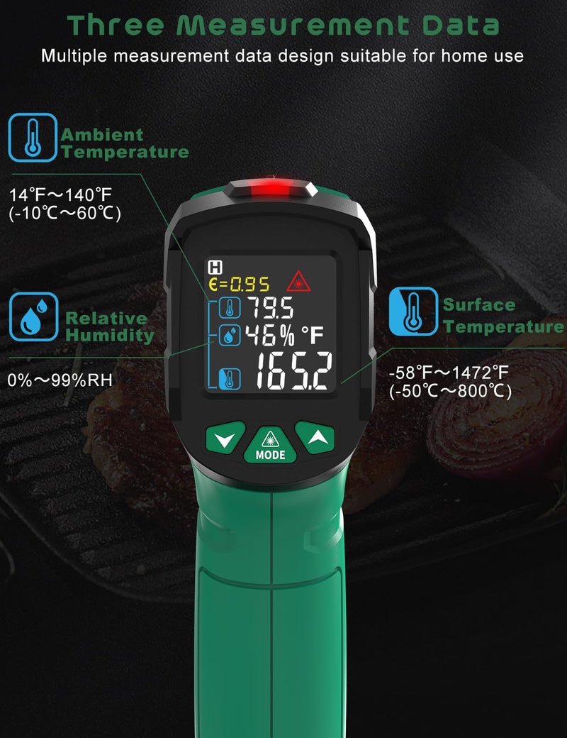 [Australia - AusPower] - Infrared Thermometer Gun,SQECH Laser Thermometer Gun -58℉～1472℉(-50℃～800℃),Temperature Gun with Ambient Temperature/Humidity/Adjustable Emissivity/Color Backlight for Cooking, Oven,Engine,HVAC Green(-58℉～1472℉) 