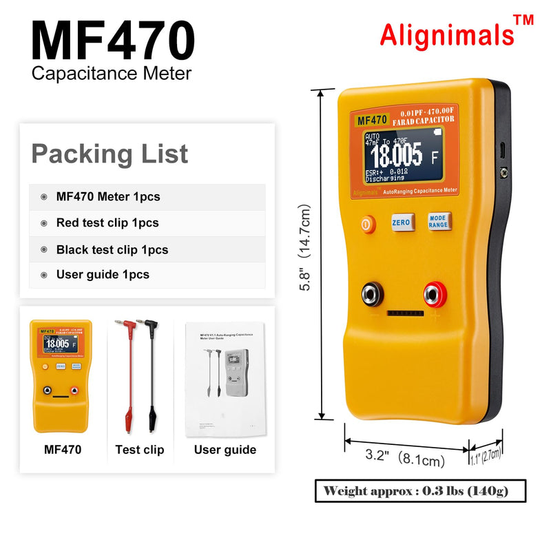 Capacitor Tester, MF470 Auto Ranging Capacitance Meter, Professional Measuring Capacitance Resistance, ESR Capacitor Meter Car Audio Farad Super Capacitor Measurment 0.01pF to 470,000,000uF