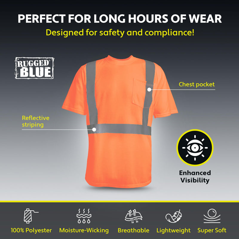 RUGGED BLUE ANSI Class 2 Wicking T-Shirt | High Visibility Shirts for Men | Made of Durable Polyester | Hi-Vis Shirts with Stitched Reflective Tape for Low-Light or Nighttime Visibility | Orange Medium