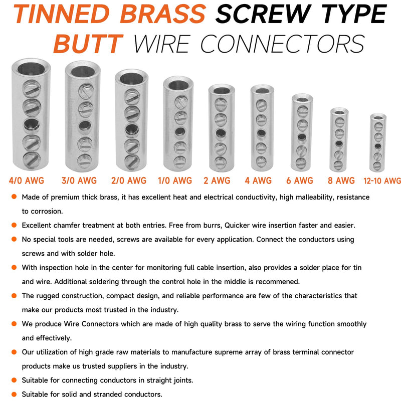 0000 Gauge Butt Splice Wire Connectors 4PCS Tinned Brass Mechanical Splice Connectors Kit 4/0 AWG Mechanical Repair Splice Kit Splice Screw Sleeves 4PCS Mechanical Butt Splices & 3:1 Heat Shrink Tubes 0000 (4/0) Gauge Mechanical Splice - Tinned Brass
