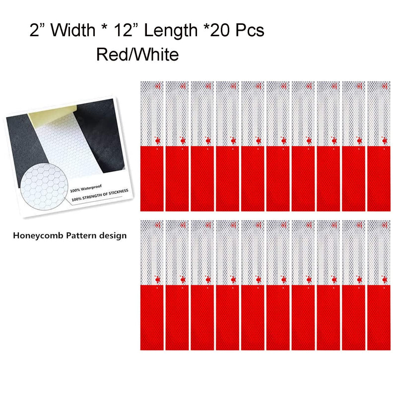 Reflective Tape, 2" × 12" × 20/30 Pack Red/White Self-Adhesive Outdoor Waterproof Safety Caution Warning Reflective Tape Trailer Reflector for Cars, Trucks, Trailers, Boats, Road Signs (20)