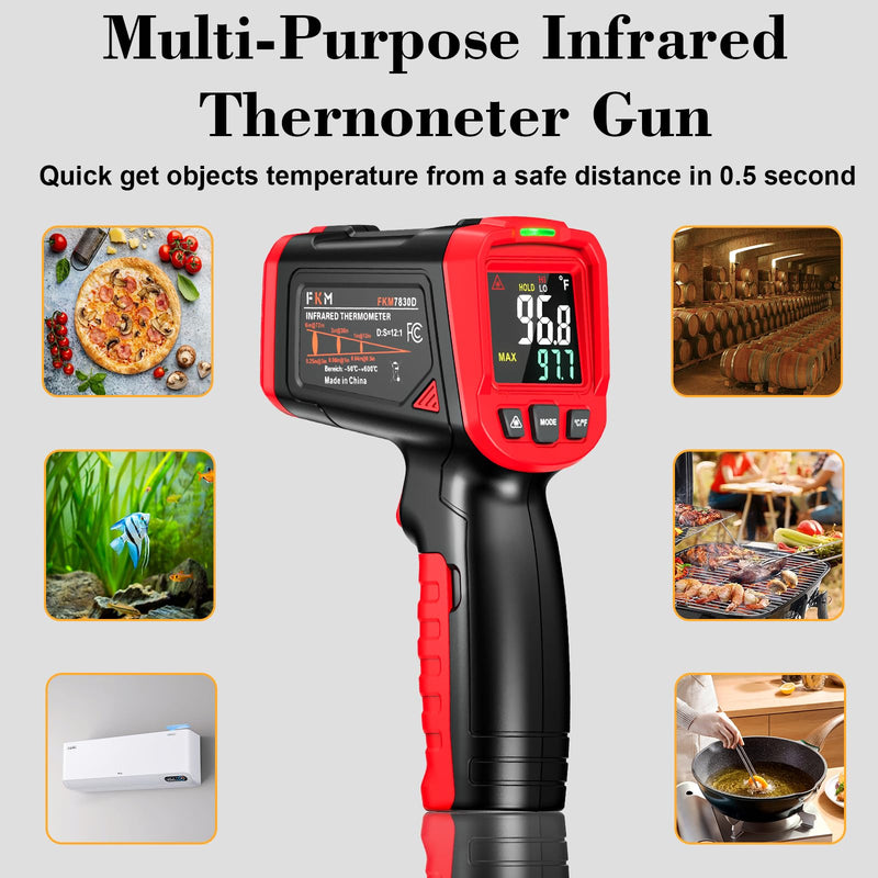 [Australia - AusPower] - FKM Infrared Thermometer Gun,Non Contact Laser Thermometer Gun for Industrial,HVAC,Engine,Kitchen Cooking,Digital IR Temperature Gun -58°F~1112°F(-50°C~600°C) Adjustable Emissivity,Not for Human Red(Upgrade screen display / -58°F~1112°F / 12:1) 