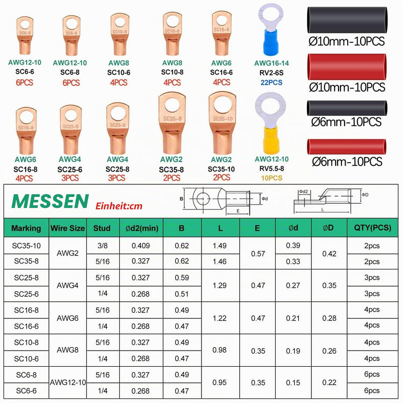 mxuteuk 130pcs Battery Cable End AWG 2 4 6 8 10 12 14 16 Specifications Copper Cable Connector, Ring Terminal Connector, Copper Ring Terminals with Heat Shrinkage 130PCS 10Size