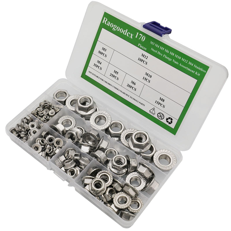[Australia - AusPower] - 170Pcs M3 M4 M5 M6 M8 M10 M12 304 Stainless Steel Hex Flange Nuts Assortment Kit 